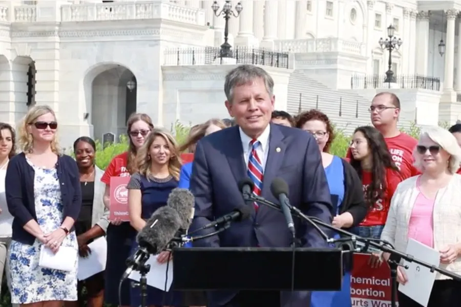 Sen. Steve Daines (R-Mont.) at a July 21, 2021 press conference introducing the Protecting Life on College Campus Act of 2021, outside the U.S. Capitol building?w=200&h=150